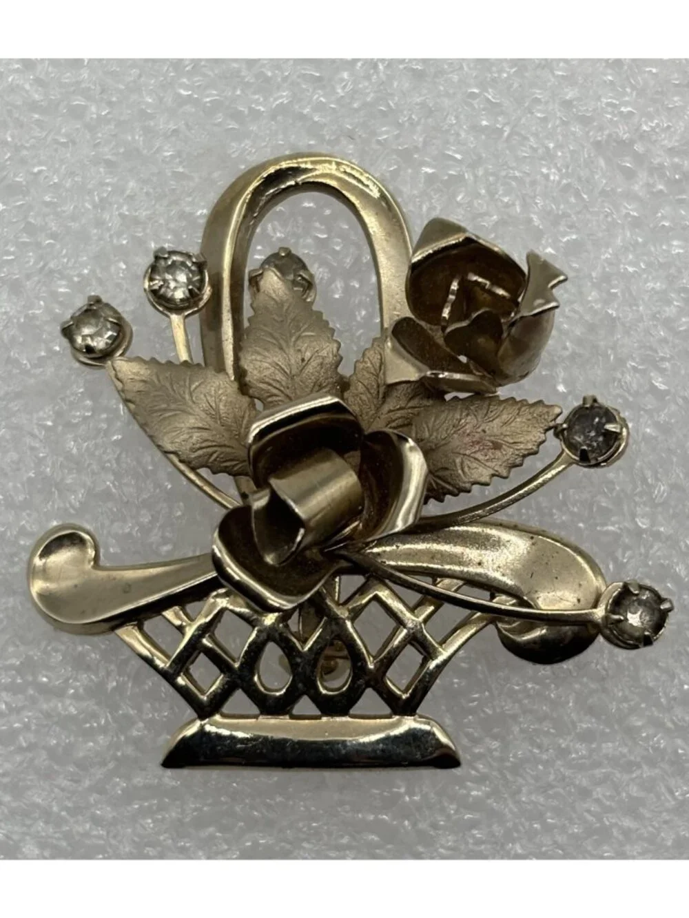 Vintage Basket of Roses Brooch Pin Polished Etched Gold Tone Rhinestone Unsigned